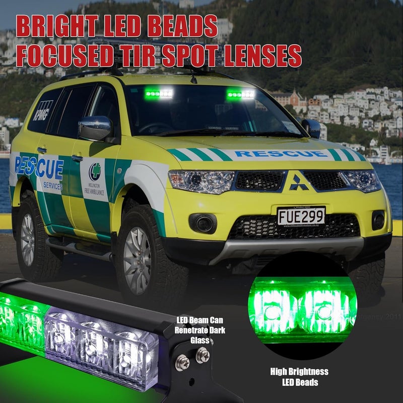 Tiannor 2X 6.1 inch Emergency Strobe Lights Green White 12 LED Warning Flashing Safety Dash Side/Front/Rear Windshield Lights Grill Surface Mount forVolunteer Firefighter Vehicles POV Trucks Car... - Image 3